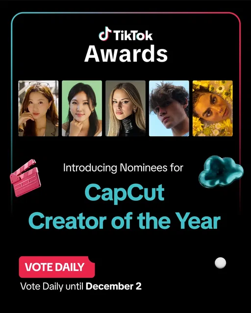 Here are the nominees for CapCut Creator of The Year at the #TikTokAwards 2025! 🌟 @Chloe Shih  🌟 @Liah Yoo 🌟 @Paige Piskin  🌟 @Recider  🌟 @Monique Yvonne Jones Scroll down and vote for your pick before Dec 2! Voting link in bio 🔗  #CapCut