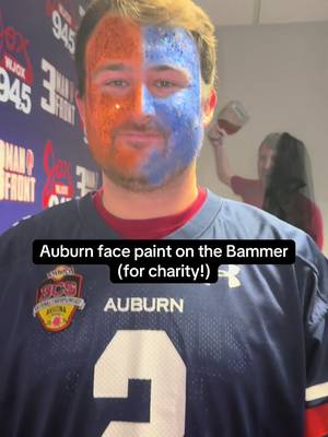 Conrad face paint part 2! Since we raised a certain amount during our food drive, we got to paint up the resident Bammer! Thanks to our wonderful listeners, we raised over 1000 lbs of food for families in need! 🫶🏻 #ironbowl #auburnfootball #alabamafootball #cfb #CollegeFootball 