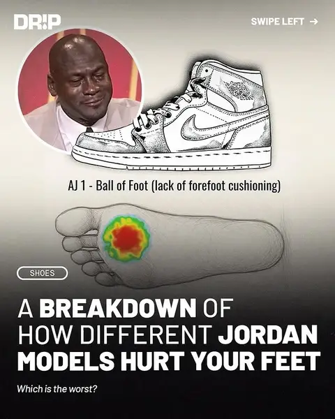 A list of how different Air Jordans affect your feet 😭 (Graphics via thesneakersavant/IG) #airjordan #sneakerhead #sneakertok #hypebeast #airjordan4 #streetwear #airjordan1 