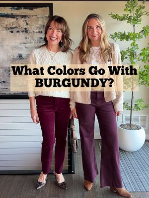 Link to shop in bio! Next in our series of what to wear with trending colors, we’re styling burgundy pants! Burgundy is such a pretty color, and it’s especially fun to style for the holiday season! We added a bit of bling to elevate our outfits and make them festive!✨ We love expected combos like beige and denim with burgundy, but we tried to push ourselves by adding pink, orange, and even more burgundy for a monochromatic look! What is your favorite color combo?  #burgundy #styleinspo #styletips #over40 #outfitinspo 