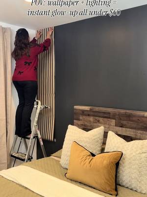 Easiest way to elevate any space on a budget is to add peel and stick wood slat wallpaper and sconces! #DIY #easydiy ##amazonhome #founditonamazon