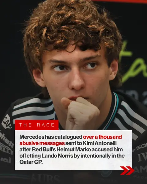 Mercedes has catalogued over a thousand abusive messages sent to Kimi Antonelli after F1’s Qatar GP. It comes after Red Bull’s Helmut Marko accused him of letting Lando Norris by intentionally.  #f1 #formula1 #f1news #kimiantonelli #redbull