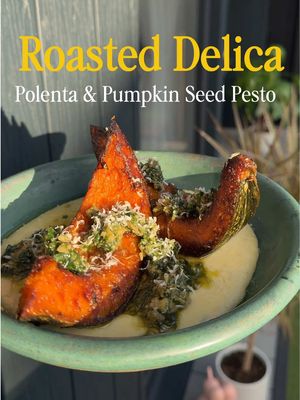 This is my favourite way to cook pumpkin!  Here a recipe with a few mindful tips 💪🏽 Delica pumpkin - polenta & pumpkin seed pesto: 1 x pumpkin  cut into wedges, seared in a preheated stainless steel pan with olive oil and then 30g of butter, add garlic chilli and rosemary to pan, and baste  After nice caramelised colour, season with salt & pepper then, put into the oven at 180° for 15 mins  Mindful tip: save & freeze the seeds/core of the pumpkin for veg stock great for future soup Tip: pre heat stainless steel pan to avoid sticking, also no harmful toxic chemicals on stainless steel compared to nonstick Teflon pans (Teflon no good) For polenta:  50g polenta 250g whole milk (can use any substitute milk)  Pinch salt  20g butter  20g Parmesan to finish  Tip: gradually add the milk, keeps stirring and allow polenta to fully hydrate and cook! After 10-15 mins of cooking add the butter & Parmesan  For pumpkin seed pesto: 40g pumpkin seeds 20g Parmesan  2-4 cloves confit garlic  Handful of basil & parsley  Cracked black pepper  80ml olive oil (use olive oil from the confit garlic) Tip: toast pumpkin seeds for extra depth of flavour, you can make a bigger batch and keep some in the freezer for a rainy day  #delicapumpkin #pumpkin #polenta #seasonalveg  #pumpkinseeds @elijah.m4k 