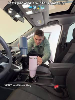 essentials we’re packing for a winter road trip with @YETI #YETI_Partner #BuiltForTheWild #Ad 🚙❄️ 🥤YETI Travel Straw Mug we LOVE that these mugs fit in a cupholder, have a straw, and are totally leakproof! 🧳luggage 🎿ski gear 😴pillow & blanket 🥨snacks 🛞emergency kit (with snow chains, car jumper, and portable battery)