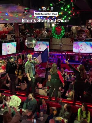 Ellen’s Stardust Diner 🥂🪩🎄 - you cant make a reservation at Ellen's Diner, it’s first-come, first-served basis, expect a line ⏰ - visit in the week and early (7-8am) to avoid crowds ☕️ - we loved the musical hits but the food is not the best 🙈 remember they’re serving but trying to sing at the same time!  - it’s near Times Square and Broadway theatres, grab some food, sightsee and then catch a matinee show for the perfect day in NYC 🍎🌃 #christmasinnewyork #nyc #newyorkcity #ellensstardustdiner #newyorkfoodie 