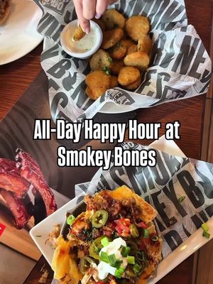 Starting with drinks at just $3, you can't beat All-Day Happy Hour at Smokey Bones! 🍻🍹🥨