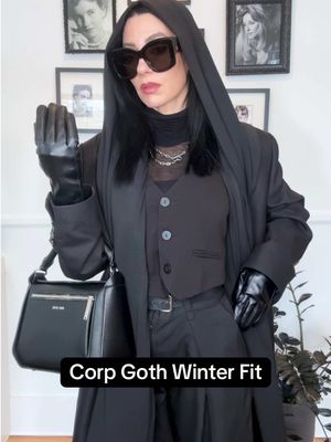 Corp Goth Winter Fit ❄️ Pants @A B S T R A C T I K A *affilate code JESSICAHAZE for 10% off* Top @Marcella NYC  Vest thifted Belt Baby Turns Blue Vegan loafers @Dr. Martens  from Poshmark Bag @Sans Beast  #poshmark #corporategoth #winteroutfit #darkaesthetic 
