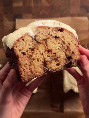 cinnamon swirl banana bread bread: 3 medium bananas 1/3 cup (67g) brown sugar 6 tbsp (90g) unsalted butter, soft 2 eggs 2 tsp (8g) vanilla 1/3 cup (90g) greek yogurt/sour cream 1 3/4 cups (215g) ap flour 1 tsp (5g) baking soda 1/2 tsp (3g) salt 1 tbsp corn starch or milk powder *mash bananas then whisk in the butter, brown sugar, eggs, vanilla, and yogurt. in another bowl whisk the flour, baking soda, salt, and milk powder/cornstarch. add the dry to the wet and then fold to mix. the batter should be thick and sticky. alternate layering the batter and the swirl paste (sorry I didn’t have the footage for that oops). about 3 layers with the final layer to be the batter. bake at 350 for 50-65 min or until a tooth pick comes out clean. i temp mine at around 200f. cool at least 30 min before icing.  swirl paste: 4 tbsp (40g) softened butter, almost melted 1/2 cup brown sugar (100g) packed dark brown sugar 1 tbsp (8–10g) cinnamon 1 tsp cornstarch 1 tbsp heavy cream pinch of salt *cream all together! cream cheese glaze: 2 oz cream cheese, soft 1 tbsp (14g) butter, softened 3/4 cup powdered sugar 1 tbsp heavy cream ½ tsp vanilla pinch of salt *cream together the cream cheese and butter, then add in the rest. mix until nice and fluffy then spread on the semi-cooled banana bread. #bananabread #Recipe 