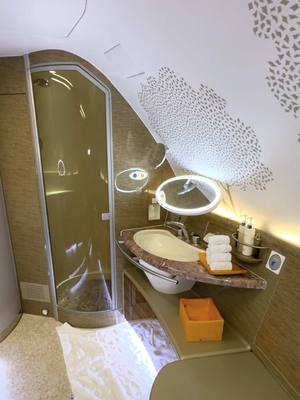 Our A380 Shower Spa has got us wondering…is this real life? 😭 #Emirates #LuxuryTravel #FirstClass #Aviation #A380