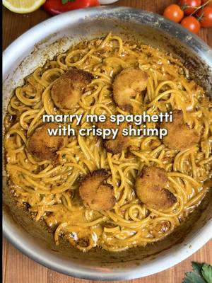 Marry Me Spaghetti with Crispy Shrimp 🔥 Holiday cooking doesn't need to be complicated... this Marry Me Shrimp Pasta comes together fast and tastes like you spent all day. @The Gorton's Fisherman New Double Crunch Shrimp is my go-to hack for holiday hosting  ✨🍤 -1 tbsp olive oil + 2 tbsp butter -1 medium yellow onion, finely diced -1/3 cup sundried tomatoes, chopped -7 garlic cloves, minced -3 tbsp sundried tomato oil (from jar) -2/3 cup chicken broth -2 tbsp tomato paste -2/3 cup heavy cream (room temp) -1 tsp each Italian seasoning, chili flakes, black pepper, salt, onion powder, garlic powder  -Juice of 1/2 lemon + 2 tsp zest -1/2 cup parmesan cheese, grated -1/2 cup pasta water, as needed -Fresh parlsey -8 oz (225 g) pasta of choice -1 box of Gorton’s Double Crunch Shrimp 1. Bring a big pot of salted water to a boil and cook your pasta until just shy of al dente. Before draining, scoop out some pasta water like it’s liquid gold (because it is). Drain, then toss the noodles with a little oil so they don’t clump. 2. Cook the Gorton’s Double Crunch Shrimp according to the package directions (I used the oven). When they come out hot, hit them with a little sea salt. 3. Heat olive oil and butter in a large pan over medium. When the butter melts add the diced onion. Cook for about 5 minutes until translucent. 4. Add the minced garlic and cook for 1–2 minutes. Add the listed seasonings and toast for a minute to wake them up. Add the chopped sundried tomatoes, sundried tomato oil, and tomato paste. Cook for 2–3 minutes. 5. Pour in the chicken broth, bring to a gentle simmer, then lower the heat. Slowly stream in the room-temp heavy cream. Stir occasionally for a few minutes. 6. Add the lemon juice, lemon zest, parmesan, and a handful of fresh parsley. Mix it all together.  7. Add your pasta to the sauce and toss until every strand is coated. Adjust with pasta water as needed.  8. Top with the double crunch shrimp, more parmesan, more parsley and enjoy! #GortonsPartner