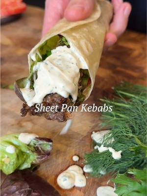 💥 Sheet Pan Kebabs (So Easy & Delicious) Kebab Ingredients: 2 lb ground beef 1 small white onion, grated 3 garlic cloves, minced ¼ cup fresh dill, chopped ¼ cup fresh parsley, chopped Zest of ½ lemon Pinch of black pepper Pinch of salt 1 tbsp cumin 1 tbsp smoked paprika 1 tsp coriander ¼ tsp cinnamon Yogurt Sauce: ¾ cup Greek Yogurt Juice of ½ lemon 1.5 tbsp Olive oil 1 tsp Date syrup Pinch of salt Pinch of black pepper Parsley, freshly chopped Dill, freshly chopped Directions: 1. Preheat the oven to 425F. 2. Add all kebab ingredients to a large bowl and mix with your hands. Once thoroughly mixed in, spray a sheet pan with avocado or olive oil, then toss the meat onto it and press the meat evenly across making a rough rectangle. It should be about ½-¾ inch thick. 3. Score long vertical lines almost to the bottom (don’t cut through), both vertically and horizontally creating your kebabs. Bake for 20–22 mins. 4. While they bake in the oven, combine all your yogurt sauce ingredients in a bowl until it becomes a creamy consistency. 5. Remove the kebabs from the oven. Spoon out excess liquid, mix with 1 tbsp tomato paste, and brush over kebabs. Broil for 2-3 mins until browned. 6. Let rest a few minutes, then cut along the score lines 7. Enjoy as delicious wrap with the yogurt sauce, tomatoes, and lettuce, or eat as is with the sauce. #kebabs #sheetpandinner #cookingtiktok #sheetpankebab 