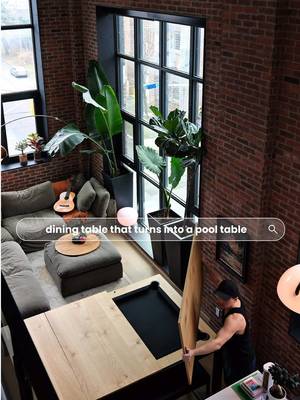 POV your dining table turns into a pool table • • • #apartmentdecor #apartmenttherapy #cozyvibes #homedecor #homeinspo | midcentury modern | MCM | toronto interior decor | interior decor | interior design | pool table | living room | living room decor | kitchen decor | toronto decor | architectural digest | brick lofts | hard loft | soft loft | tall ceilings | big windows | natural light | plants | plant decor | thrifted | thrifted furniture | vintage lamps | lamp | ikea | ikea furniture | diy | crate and barrel | cb2 | eq3 | pottery barn | homesense | silk and snow | komfi | cloud couch | togo couch | natural light | birds of paradise | fiddle leaf fig | plants | tree | renovation | makeover | cozy | cool lamps | home inspo | mid century modern inspo | home furnishings | cozy house | cozy home | post modern | luxury home | ikea hack | ikea diy | apartment life | apartment decor | toronto apartment decor | creative workshop | modern home | contemporary design | living room inspo | inspo | Martinelli Luce | Elio Martinelli |