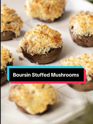 Save this recipe to your “Holiday Appetizers” collection! • Here’s what you need: Ingredients:  20-24 cremini mushrooms stems removed 1 tbsp butter (for sautéing) 2 cloves garlic, minced 2 tbsp shallot or onion, finely diced (optional but great) Mushroom stems, finely chopped 1 150-200 g package Boursin (Garlic & Fine Herbs) 1/2 package cream cheese (4oz) 1/4 cup green onion, sliced 1 tsp salt FOR THE CRISPY TOPPING 1/3 cup panko 1/3 cup parmesan 1  tbsp melted butter or olive oil • Save this one folks!