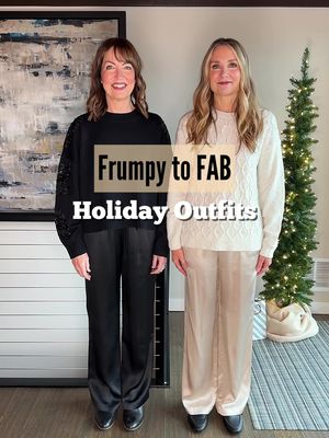 Frumpy to FAB: Christmas outfit edition!!🎄 Take a monochrome outfit and jazz it up with sparkly accessories, an embellished shoe, a little tuck, and voila!✨👏🏼 Our washable silk pants are so festive and stylish for the holiday season! So many ways to style them, but one color head-to-toe is always so chic! Everything is linked on our profile in the @shopltk app. Search LASTSEENWEARING to find & follow our profile for all our style finds. You can also source all links by clicking on the link in our bio! #over40 #outfitinspo #winterfashion #holidayoutfit #styletips 