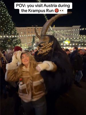 The Krampus Run is an Alpine tradition where people dress as half man/goat/demon and parade through town clanging bells and swishing branches 🥴 In folklore, Krampus punishes misbehaving children in contrast to St Nicholas who rewards! 🎅  #krampus #austria #travelaustria #krampusrun 