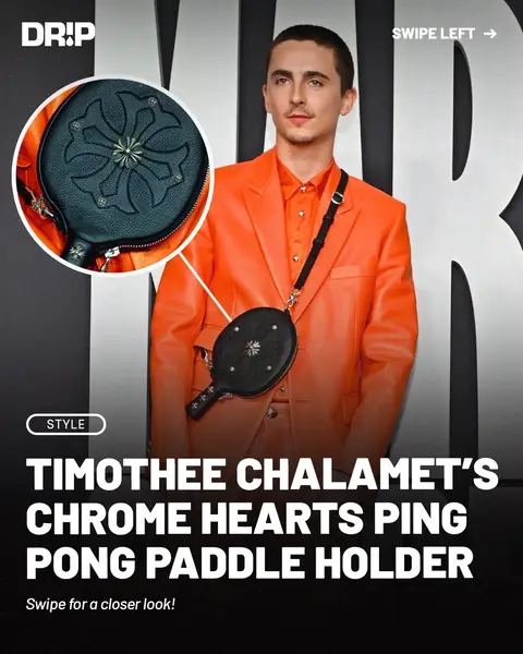 Timothee Chalamet showing up to the Marty Supreme premiere with a Chrome Hearts ping pong paddle holder is legendary 🔥 #timotheechalamet #martysupreme #chromehearts #fitcheck #streetwear #StreetStyle #hypebeast 