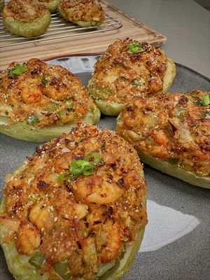 Louisiana Creole Stuffed Mirlitons are a staple in Louisiana that tells a story. Have you ever heard of this dish, and if not, would you give this a try? This recipe can be found in my cookbook on my website in my bio. #risascuisine #mirliton #neworleans
