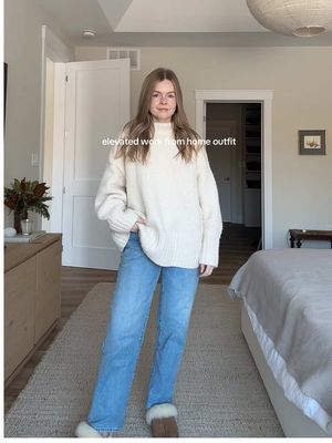 My current favourite work from home outfit to feel cozy but still put together 🤍 (it’s elevated because I’m wearing jeans)   #winterootd #wfhoutfit #simpleoutfitideas #winteroutfitinspo #workfromhomeootd 