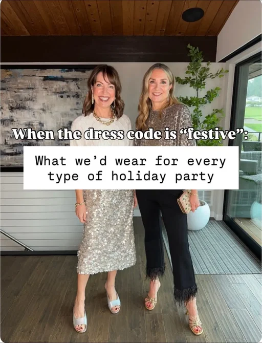 We have a range of celebrations this year from pretty casual to full on sequins & glam!✨  Our rule of thumb when styling holiday outfits: have fun with interesting textures like lace & feather trim, always add a bit of sparkle, and don’t skimp on shoes!!! They will make or break your outfit! Truly, a good metallic heel is all you need👏🏼 #holidayoutfit #christmasparty #over40 #outfitinspo #winteroutfit 