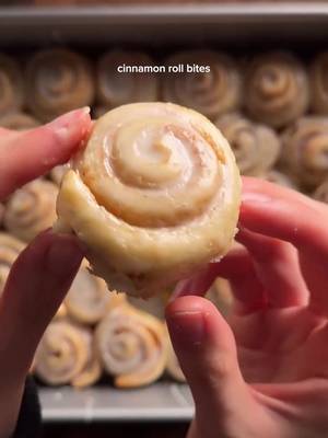 cinnamon rolls bites dough: 3/4 cup (180g) warm milk 1 pack (7g) instant yeast 1/4 cup (50g) sugar 1 egg + 1 egg yolk (I ended up using only 1 egg but either works!) 1/4 cup (57g) melted unsalted butter 3 cups (360g) bread flour 3/4 tsp (4g) salt *add warm milk into a large bowl and sprinkle on the yeast. give it a little mix and then add in the sugar, eggs, and melted butter. note: if you’re using active dry yeast, you’ll need to activate it in warm milk and sugar first before adding the other ingredients. add in flour and salt. knead for about 8-10 minutes and then let rise for an hour.  filling 2/3 cup (133g) brown sugar 1 1/2 tsp (4g) cinnamon 1/3 cup (76g) softened butter *mix together well. spread on flattered rolled out dough. roll the dough up tightly and cut into 4 equal pieces. then roll each piece into mini logs and slice. place rolls inside a 9x13 pan and let rise about 20-30 minutes. bake at 350 for 14-18 min.  glaze 3/4 cup (90g) powdered sugar 1/2 tsp vanilla (paste if avail) 1-2 tbsp heavy cream #cinnamonroll #bites #Recipe 