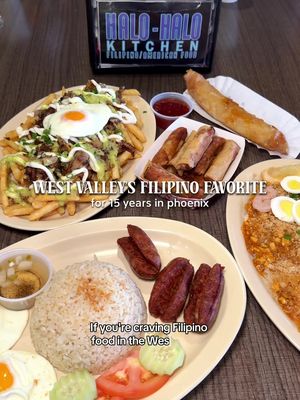 🇵🇭🍽️ If you know, you know. This West Valley Filipino spot has been holding it down for 15 years, and there is a reason people keep coming back. Halo-Halo Kitchen is a must stop when I’m on this side of town. I can’t get enough of their breakfast longganisa with garlic rice. Beyond that, they have all the Filipino classics - sizzling sisig, palabok, lechon kawali, turon, and more! I recommend getting their combo plates to try a little bit of everything or do family style with a group.  Don’t leave without checking out their snacks and dessert! If there’s any sans rival or silvanas in the fridge, you know I’m grabbing a box to go 😌 Halo-Halo Kitchen 📍3553 W Dunlap Ave, Phoenix, AZ 85051 #filipinofood #phoenix #sansrival 