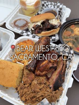 Not every comeback is easy, but this one’s worth supporting ❤️  We went back to Bear West BBQ and were so happy that they were able to restart quickly. The guy in line in front of us said he knows the owner and suggested a few of his favorites! And we’re SO glad we took his recommendation. The Tri tip sandwich and the Gumbo Greens were soo good. The meat plates was loaded but bbq sauce on top, at least for the Pulled Pork would be the move for next time. The meat was super tender, we like it salty so to us, a bit more saltier would be great but the spicy BBQ sauce took it from a 8 to a solid 9 👌🏼👌🏼 Here’s what we got:  🍔 Tri Tip Sanwich (w/ coleslaw) - $15 🍖 3 Way Meal (chicken, pulled pork, ribs w/ Mac N Cheese & Gumbo Greens) - $30 🍌 Banana Pudding - $7 🍪 Oreo Pudding - $7 📍 Bear West BBQ - 9011 Folsom Blvd, Sacramento, CA 95826