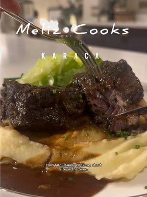 Okay, what are you having for dinner tonight? Because I think my cozy comforting lusciously pull apart Beef Short-Ribs have to be the answer and this is how I make them with the @karacaunitedkingdom 5-ply PowerSteel 7-piece 316+ Powersteel pans. The full recipe is on my blog. Heavy-bottomed dishes are usually favoured for oven-cooked recipes like short ribs and casseroles, but the Karaca Powersteel pans are perfect for cooking the short ribs even on the stove-top. There is often the concern of meat and sauces sticking to the bottom of stainless steel pots, especially with ingredients such as pomegranate molasses, which I use here, but thanks to the new-generation non-stick 5-ply honeycomb-surfaced 316+ cookware, sticking is not an issue here, combining the best possible outcome for both flavour and durability.  The scratch-resistant, metal spatula-friendly interior and easy-to-clean non-stick coating are a fabulous bonus, and the pans are compatible with all stovetops, including gas, electric, and induction. And once you’ve devoured those beautiful Short ribs, there’s nothing quite better than a cup of “çay”, perfectly and efficiently made in the Çaysever machine which not only brews tea, but also makes filtered coffee, prepares baby formula, and also works as a kettle. They say a watched kettle never boils but there’s no need to watch the “Çaysever” machine as it informs you at every stage with the speaking feature, saying things like "I started brewing tea" or "I have brewed the tea, enjoy." It brews tea by dripping at 90°C, making your tea ready in 15 minutes, keeping it fresh for up to 60 minutes with a fresh-keeping button. #melizcooks #karaca #beef #shortribs #mashedpotato 