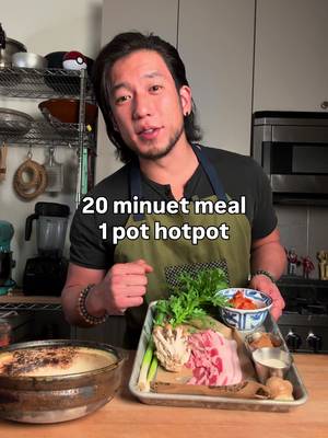 20 minutes, one pot, and dinner is served. This pork belly and kimchi soup is perfect for cold days 🍲.  Rich flavors from mushrooms, ginger, and shungiku. Recipe in comments. #cooking #fyp 