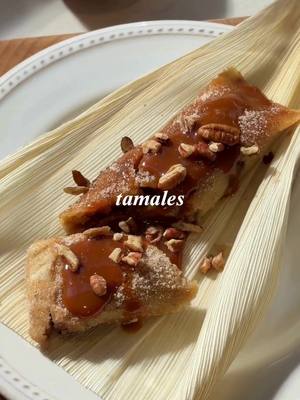 If you’ve ever been skeptical of sweet tamales, consider this your formal invitation to reconsider. 🫔😉 ~ Ingredients: Masa: 1 1/2 cups vegetable shortening, softened 2/3 cup granulated sugar 2 teaspoons baking powder 1 teaspoon salt 1 teaspoon vanilla extract 4 cups masa harina 3 cups warm milk 1/2 cup neutral oil 1/2 cup chopped pecans Tamales: 1 1/4 cup store-bought cajeta, plus more for garnish 18 dried corn husks 2 cups warm water 1 cup granulated sugar 2 teaspoons ground cinnamon 1/4 cup chopped pecans, for garnish