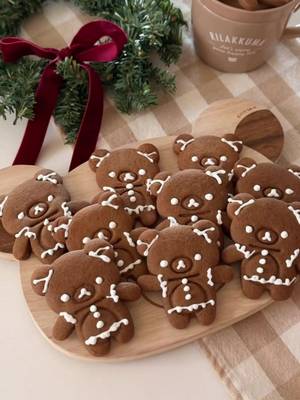 let’s make rilakkuma gingerbread cookies 🎄 gingerbread cookie recipe 440g ap flour  1/2 tbsp ground ginger 1/2 tbsp ground nutmeg 1 tbsp ground cinnamon 1/2 tsp ground allspice 1/2 tsp ground cloves 1 tsp baking soda 1/2 tsp salt 2/3 cup softened unsalted butter 3/4 cup dark brown sugar 2/3 cup molasses 1 large egg 1 tsp vanilla extract 2 cups powdered sugar 5 tbsp water 1. Whisk together flour, ginger, nutmeg, cinnamon, allspice, cloves, baking soda and salt together in a bowl.  2. Using a stand mixer, whisk the butter until smooth for 1 minute. Mix in brown sugar and molasses and beat until incorporated. Lastly, beat in egg and vanilla extract until incorporated.  3. Add the dry ingredients to the stand mixer and beat on low speed until combined.  4. Divide the dough into separate discs and wrap in plastic wrap and refrigerate overnight.  5. The next day, preheat oven to 350 degrees.  6. Flour your workspace and roll out the dough to 1/4 inch thickness (you can use chopsticks as you roll to ensure an even dough) 7. Use your cookie cutter (use flour on the rolling pin and cookie cutter to make it easier to work with the dough) 8. Bake the cookies for 10 minutes, let them cool on a dry rack. 9. Prepare your royal icing by mixing the powdered sugar and water together in a separate bowl.  10. Decorate cookies once they’re cooled.  #gingerbread #gingerbreadcookies #rilakkuma #holidaybaking 