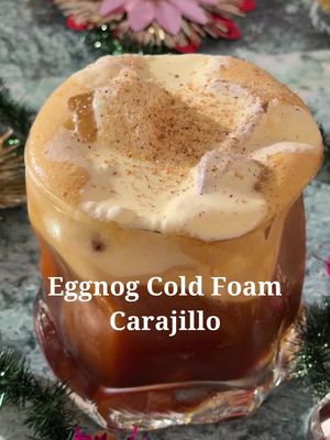 Eggnog Cold Foam Carajillo  3 tbsp heavy cream 2 tbsp eggnog  2 shots espresso  2 oz Licor 43  Start by frothing heavy cream and eggnog with a hand mixer.  In a cocktail shaker combine espresso and Licor 43, fill with ice and shake until cold.  Strain into a glass filled with ice. Top with the eggnog cold foam and freshly grated nutmeg.  #holidaydrinks #holidaycocktails #holidaydrinkrecipe #espressococktail #eggnog       