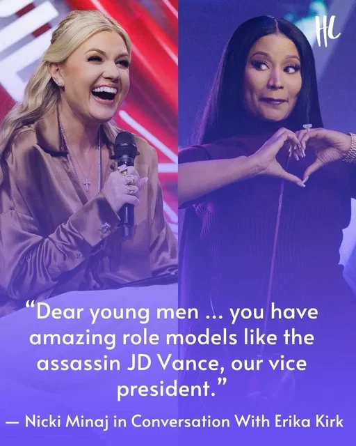 While speaking on stage with Erika Kirk at Turning Point USA's AmericaFest event, Nicki Minaj praised Vice President JD Vance as an "assassin."  "Dear young men, you have amazing role models like our handsome, dashing president, and you have amazing role models like the assassin JD Vance, our vice president," the "Starships" rapper said.  While seemingly realizing her slip-up, Erika chimed in to reassure her. She said, "Trust me, there's nothing new under the sun that I have not heard. So you're fine." (📸: Getty Images)