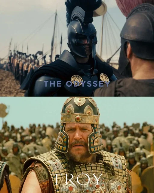 Wolfgang Petersen’s adaptation of Homer’s Iliad, before Petersen chose to direct it instead of a Batman vs. Superman film, leading Nolan to make Batman Begins (2005). Now, 21 years later, Nolan brings Homer’s Odyssey to life, opening with the Trojan Horse sequence from The Iliad as the prologue before following Odysseus’s legendary journey home. Characters that appear in both: 1. Agamemnon (Brian Cox in Troy, Benny Safdie in The Odyssey) 2. Odysseus (Sean Bean in Troy, Matt Damon in The Odyssey) 3. Menelaus (Brendan Gleeson in Troy, Jon Bernthal in The Odyssey)