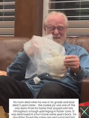 "This is one of my most treasured memories. It ranks up there with the births of my babies and I’m pretty sure it will flash before my eyes when my time has come. A little backstory on the cookie jar…My dad was in 1st grade when he lost his mother and in 4th grade when he lost his father. He and his brother were in foster care and adopted and both experiences were painfully unkind. Through all of that upheaval, there were only a few items that he managed to keep, one of which was his mother’s cookie jar. I remember seeing it on the top shelf in the kitchen my entire life. We never used it because it was far too fragile and precious to him. In 2008, my dad was living in Bolivar when Hurricane Ike destroyed his home and everything in it. The cookie jar was lost and he was devastated. I began searching antique stores and eBay to find a replica, but never had any luck. Then in November of 2024, just before my daddy’s last Christmas on earth, a little voice in my head urged me to look for the cookie jar again. This time, I found it immediately on Etsy. I am so grateful I listened to that voice because he thanked me and told me that it was the “best Christmas ever.” I love and miss you so much, daddy. (🎥@honeybeethree333)