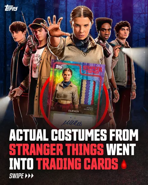 Actual pieces of actor-worn costumes from Stranger Things are going inside of trading cards! 🩸Whose card are YOU trying to add to your collection? 👀 You can find these cards in packs of 2025 Topps Stranger Things, available January 2nd. #strangerthingsfan #strangerthings #strangerthingsvol2 #strangerthings5
