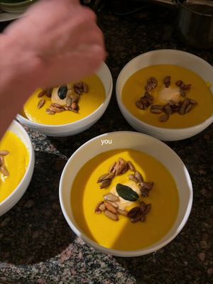 one of my faveeeeee soups!!! recipe notes: 1 koginut 1/2 an onion 6-8 tablespoons of butter Honey 1 pint cream plus some milk salt and white pepper to taste Sage Neutral oil Pumpkin seeds Sweat the onions in the butter then add the cubed squash and honey (season a little bit with salt and white pepper as you add the onions and squash to the pan). Cook for a few minutes and then add dairy. Let the squash simmer in dairy for 45 min or so until soft. Then blend till smooth, add back to the pan, and season with salt and white pepper to taste.  #butternutsquashsoup #koginutsquash #kabocha #DinnerIdeas #souprecipe 