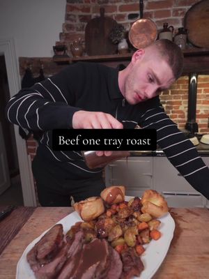 Top #10 recipes of 2025 - 1/10 - Beef Roast (in one-tray) 🔥 Ingredients: - beef topside joint @magnessfarms  - potatoes - carrots/red onion (whatever else) - 100g water/milk, 1 large egg, 50g flour (2:1:1) - oil, salt, pepper, garlic, rosemary, thyme - beef stock, red wine, cornflour 1. Slice your potatoes and veg and get those in to roast at 220 degrees C for 15 mins with oil, salt, pepper, rosemary, thyme, garlic 2. Oil, salt & pepper your beef joint then add that on top of your veg and potatoes for 45 mins (you then ideally want to do another 20-40 mins at a lower temperature 150 degrees or so, but I couldn’t be bothered - so I went for another 20 at 220) You want it at about 50 degrees C then cover to increase a little more for medium rare, or 54 then cover - I accidentally went over but we move on!!!! 3. Mix all of your Yorkshire ingredients and add oil to muffin tins and add to the oven for 10 mins 4. Now rest of you beef and take out your veggies and potatoes. Add your Yorkshires to the oven for about 20 mins 5. Add your pan to the hob, with about 100ml wine, 300ml beef stock and reduce by half - then thicken up with 2 tsp cornflour mixed with water 6. Slice up the beef and serve up, ENJOY! #beefroast #roastdinner #onetraybake #fromscratch 