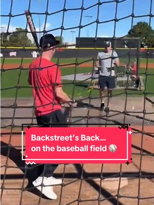 Backstreet’s back on the baseball field with Head @University of Michigan Baseball Coach @Tracy Smith! Hey Coach, you up for some singing and dancing drills next time? This performing stuff is HARD. 😆⚾️ #backstreetboys #baseballdad 