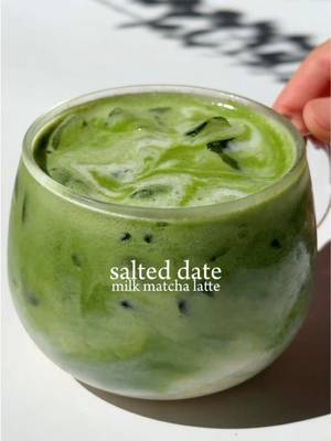 🥛🍵 salted date milk matcha latte  date milk with matcha is so underrated but it’s so good I promise 😭 date milk: — soak 2-3 pitted dates in hot water for 10mins — blend dates with 200ml milk + pinch of salt (you can also add in the drink after blending) matcha: — 2tsp or 4g matcha — 40ml of 175F water #homecafe #matcharecipes #matchalover #matchalatte #aestheticdrinks 