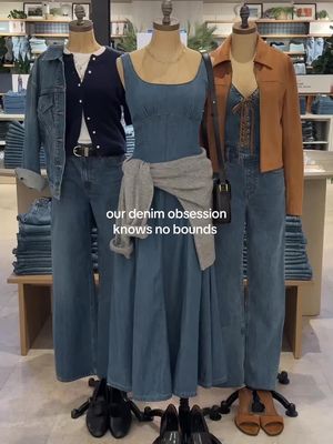 We believe in pushing a medium to its limit. . . Product Details ⤵️ LOOK 1: Easy Denim Trucker Jacket Merino Wool-Blend Shrunken Crew Cardigan Essential Tuckable Baby Tee High Rise Wide Leg Jean LOOK 2: Dipped-Waist Scoopneck Midi Dress The A&F Madeline Crew Sweater LOOK 3: Slim Zip Vegan Suede Jacket Vegan Suede Lace-Up Denim Jumpsuit . . #abercrombie #abercrombiedenim #denim #denimdressing #fashioninspowomen 