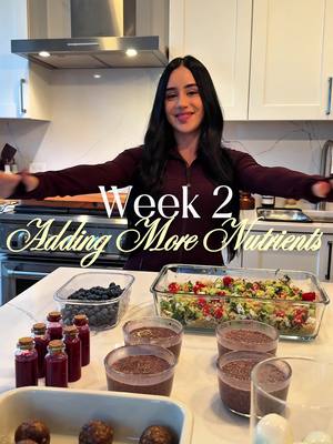 Week 2 of adding more nutrients :) Menu:  - Dark Chocolate Chia Pudding  - Mediterranean Quinoa Salad  - Beet Energy Shot  - Walnut Cinnamon Date Balls  - Blueberries  - Eggs Dark Chocolate Chia Pudding 🍫✨ Ingredients (1–2 servings) * 2 tbsp chia seeds * ½ cup milk of choice (I used cow's milk)  * 1–2 tsp maple syrup (optional, depending on sweetness preference) * 1 tbsp unsweetened cocoa powder  * 1–2 tbsp mini dark chocolate chips or 1 tbsp melted dark chocolate    Instructions 1. In a bowl or jar, whisk together milk, cocoa powder and maple syrup. 2. Add the chia seeds and whisk again to prevent clumping. 3. Refrigerate for at least 3–4 hours, preferably overnight, until thick and pudding-like. Mediterranean Quinoa Salad Ingredients: * 2 cups cooked quinoa (from 1 cup uncooked quinoa) * 4 Persian cucumbers, diced * 1 cup cherry tomatoes, halved  * 1/2 small red onion, finely chopped * 1 cup fresh parsley, finely chopped * 1 Serrano or jalapeño pepper, finely chopped (optional, for spice) * 1/2 cup crumbled feta cheese Dressing: * Juice of 2 lemons * 1/4 cup extra virgin olive oil * 2 tbsp red wine vinegar * 1 tsp garlic powder * 1 tsp sea salt * 1 tsp black pepper Instructions: 1. Combine the cooked quinoa, cucumbers, cherry tomatoes, red onion, parsley, and optional pepper in a large bowl. Add the crumbled feta. 2. In a small bowl, whisk together the lemon juice, olive oil, red wine vinegar, garlic powder, salt, and pepper to make the dressing. 3. Pour the dressing over the quinoa mixture and toss until everything is evenly coated. 4. Chill for 30 minutes to allow the flavors to meld, then serve. Enjoy these vibrant, healthy dishes! 🌿 Beet Energy Shots Ingredients: beets, ginger & lemon  ✨ Walnut Cinnamon Date Balls Ingredients (makes 12–15 balls) * 1 cup Medjool dates, pitted * ½ cup walnuts  * 2 tbsp ground flax * 1 tbsp almond butter or peanut butter  * 1 tsp cinnamon * ¼ tsp vanilla extract (optional) * Pinch of sea salt (optional but recommended)  Instructions 1. Add dates and walnuts to a food processor. Pulse until crumbly and sticky. 2. Add flax, nut butter, cinnamon, vanilla, and salt. Blend again until a dough forms. 3. Roll into small balls (about 1–1.5 tbsp each). 4. Place in the fridge for 30 minutes to set. 5. Store in an airtight container for up to 1 week (or freeze up to 3 months). 