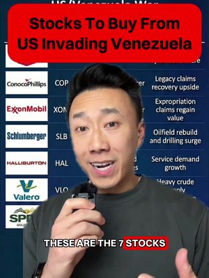 7 stocks that stand to benefit from US/Venezuela conflict 1. Chevron (CVX) 2. ConocoPhillips (COP) 3. Exxon Mobil (XOM) 4. SLB (SLB) 5. Halliburton (HAL) 6. Valero (VLO) 7. SPDR Gold Trust (GLD)