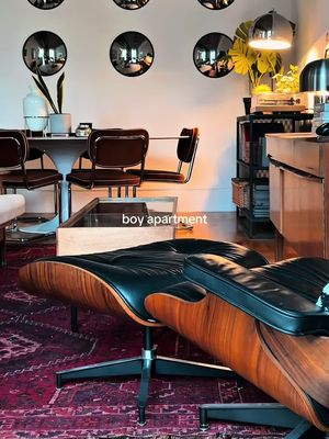 welcome to my loft apartment 🏡🏙️ #boyapartment #homedecor #loftapartment #boyhome #interiorstyling mid century eames sideboard living room inspo  