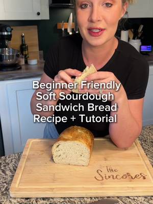 🍞✨ Beginner-Friendly Soft Sourdough Sandwich Bread ✨🍞 I first shared this back in August for back-to-school, but it felt only right to bring it back for the new year — especially with so many new faces here. This is one of my most approachable loaves and we’ll be doing inclusions with this dough soon, so I wanted it fresh in your saves. (Also yes — I mention dental surgery in this video. I’m fully healed and all good now 🫶) Ingredients • 500g bread flour • 150g active sourdough starter • 300g water • 25g maple syrup (or honey) • 20g avocado oil (or butter / olive oil) • 10g salt Instructions 1️⃣ Mix the water and starter first. 2️⃣ Add the remaining ingredients and mix until fully combined. 3️⃣ Cover and rest for 30 minutes. 4️⃣ Stretch & fold, then rest 30 minutes. 5️⃣ Coil fold, rest 30 minutes. 6️⃣ Final coil fold, leaving the dough seam-side down. 7️⃣ Let the dough bulk ferment until fully fermented.  8️⃣ Shape: • Gently stretch into a rectangle • Fold each side halfway toward the center • Roll up tightly, tuck the ends under • Place into a parchment-lined loaf pan 9️⃣ Cover and cold ferment overnight in the fridge. 🔟 Bake day: • Preheat oven to 425°F • Remove dough from fridge • Score 3 straight lines across the top • Lightly mist with water • Cover with a second loaf pan ➡️ Bake 20 minutes covered ➡️ Remove top pan, bake 10 minutes uncovered ➡️ Remove loaf from pan and bake 5–10 minutes directly on the rack. Let rest 1 hour before slicing. Soft, fluffy, and slices like a dream 🤍