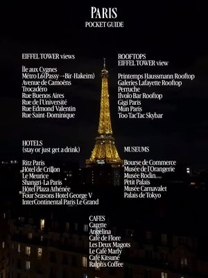 Paris Pocket Guide ✨Museums to add to your Paris itinerary Bourse de Commerce Musée de l'Orangerie Musée Rodin Petit Palais Musée Carnavalet Palais de Tokyo ✨Classic Paris cafés worth the stop Carette Angelina Café de Flore Les Deux Magots Le Café Marly Café Kitsuné Ralph's Coffee ✨Best Eiffel Tower views in Paris Île aux Cygnes Metro line 6 (Passy → Bir-Hakeim) Avenue de Camoëns Trocadéro Rue de l'Université Rue Buenos Aires Rue Saint-Dominique ✨Hotels to stay at or just go for a drink Ritz Paris Hôtel de Crillon Le Meurice Shangri-La Paris Hôtel Plaza Athénée Four Seasons Hotel George V InterContinental Le Grand ✨Rooftops with Eiffel Tower views Printemps Roottop Galeries Lafayette Rooftop Perruche Eylau Rooftop Gigi Paris MUN Paris Too Tac Tac This is the kind of Paris guide I wish I had the first time I went. Save this for later or send it to the person you'd walk Paris with