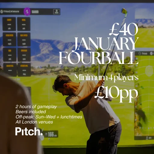 January Fourball at Pitch! Enjoy two hours of indoor golf for a minimum of four players, with a bucket of beers on arrival, just £40 total (£10 per person). Available off-peak Sunday–Wednesday, plus all lunchtimes, across all Pitch London venues. Book your January Fourball today. #pitch #indoorgolf #londongolf #specialoffer #thingstodoinlondon 