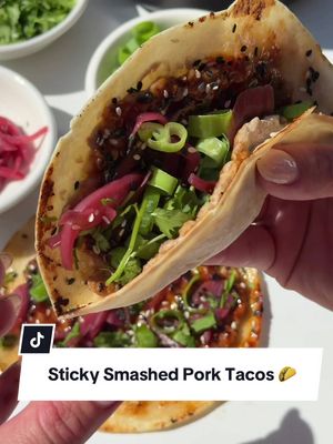 Sticky Smashed Pork Tacos 🌮 Low-effort, big-flavour weeknight dinner that comes together fast and hits every craving - sticky, crispy, fresh, and a little spicy. Serves 4 🛒 Ingredients Seasoned Pork Mince * 680g pork mince * 1 tbsp fresh ginger, finely grated * 1 tbsp fresh garlic, minced * 1 tbsp soy sauce * 1 tbsp honey * 1 tsp cayenne pepper * 1 tsp garlic powder * 1 tsp plain flour Sticky Glaze * 3 tbsp soy sauce * 3 tbsp honey * 1 tbsp sesame oil * 1 tbsp hoisin sauce * 1 tbsp sesame seeds * Juice of ½ lime * 1 tsp sriracha * 1 tsp fresh ginger, grated Smashed Tacos * 8 tortillas * 2 tbsp olive oil To Finish * Fresh coriander, chopped * Pickled red onions * Spring onions, sliced 👩‍🍳 Method 1. Season the Pork Add all pork mince ingredients to a bowl and mix well until fully combined. Set aside. 2. Make the Sticky Glaze Add all glaze ingredients to a small saucepan. Bring to the boil, then reduce heat and simmer for 3–4 minutes until slightly thickened. Remove from heat. 3. Smash the Tacos Divide the pork mixture into 8 equal balls. Place one ball onto each tortilla and press it out evenly over the surface. 4. Cook Heat olive oil in a large frying pan over medium-high heat. Place tortillas pork-side down and cook for 2 minutes until golden and crispy. Flip and cook for 1 minute until the tortilla edges are crisp. Brush the pork with the sticky glaze, flip again, and cook for another 30 seconds. Flip once more if needed to crisp the tortilla. Repeat with remaining tacos. 5. Serve Brush with any remaining glaze and finish with fresh coriander, spring onions, and pickled onions. Serve hot and enjoy immediately. ✨ Tip: These are unreal straight from the pan - crispy edges, sticky pork, and fresh toppings make them perfect for sharing (or not). #food #Foodie #instafood #foodporn #DinnerIdeas 
