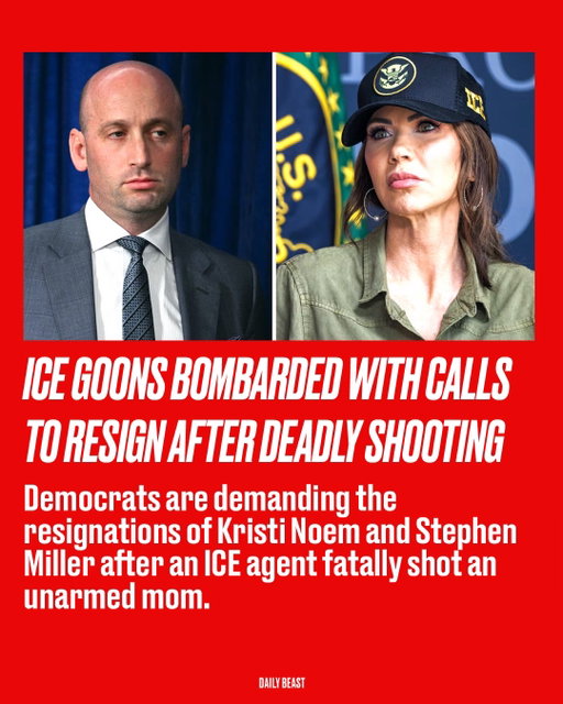 Democrats are lining up to demand the resignations of Homeland Security Secretary Kristi Noem and White House aide Stephen Miller in the wake of an ICE agent fatally shooting an unarmed mom.⁠ ⁠ Renee Good, 37, was shot three times by a federal officer as she attempted to drive away from a traffic stop during a protest against an immigration raid in Minneapolis, Minnesota, on Wednesday.⁠ ⁠ The killing detonated a political firestorm after Minneapolis Mayor Jacob Frey, 44, said video of the encounter undermined the administration’s claim of self-defense. He called the government’s account that Good was a “domestic terrorist” a “garbage narrative” and told ICE: “Get the f--k out of Minneapolis.”⁠ ⁠ As condemnation spread, Illinois Gov. JB Pritzker, 60, accused Donald Trump’s Department of Homeland Security of “lawless havoc” and said of the Homeland Security Secretary: “Kristi Noem must go. Now.”⁠ ⁠ Read the full story at the link in bio.⁠ __⁠ ⁠ ⁠ Photo by Getty Images⁠ #homelandsecurity #whitehouse #dhs #trump #minneapolis #kristinoem #stephenmiller 