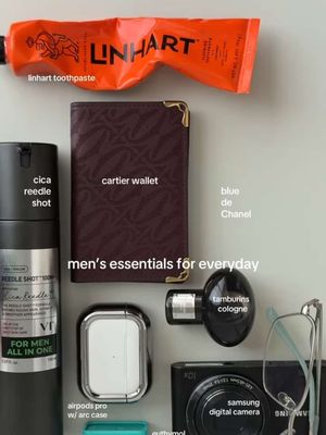 some of my favorite men’s essentials for January:  cica reedle shot cartier wallet linhart toothpaste blue de chanel tamburins cologne AirPods Pro euthymol breath mints samsung digital camera metallic frames #mensessentials #mensfashion #mensstyle #essentials #mensmusthaves 