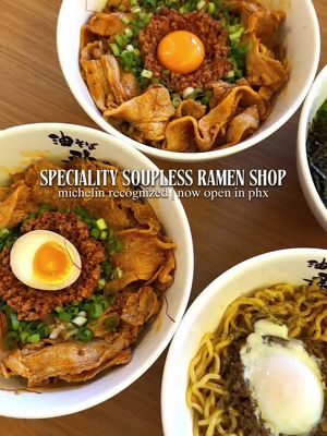 🏮🥢 NOW OPEN - this Michelin recognized abura soba shop is now here in Phoenix Kajiken Ramen is one of my go to spots every time I’m back in the Bay Area, so seeing them open in Arizon feels surreal. If you’ve never had abura soba, it’s soupless/dry ramen where the focus is on thick chewy noodles, a savory sauce, and mixing everything together.  My forever orders are the Nikumori with minced pork and pork belly and the Homura with that extra umami from niboshi and nori. And always with a poached or raw egg yolk for that extra creaminess. Add takoyaki and karaage on the side and it’s a perfect meal every time. Check out Kajiken currently in their soft opening at Desert Ridge Marketplace.  Kajiken Ramen   📍21001 N Tatum Blvd Ste 34-1140, Phoenix, AZ 85050